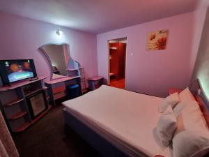 - une chambre avec un lit, un miroir et une télévision dans l'établissement Hotel Yax, à Câmpeni