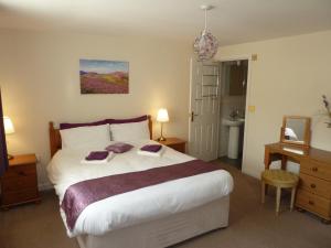 a bedroom with a large white bed and a bathroom at Hendre Wen luxury cottage Betws y Coed in Betws-y-coed