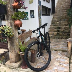 a bike is parked next to a tree at Finca Renacer in Tibaná
