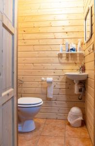 La salle de bains en bois est pourvue de toilettes et d'un lavabo. dans l'établissement Chalupa Na Paloučku, à Orlické Záhoří 