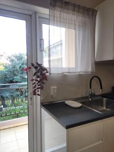 een keuken met een wastafel en een raam bij Lovely Meteora Home in Kalabaka