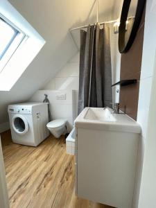 a bathroom with a sink and a washing machine at Apartment Blattgold in Schwabach