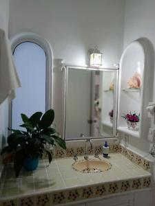 baño con lavabo, espejo y maceta en Hermoso condominio en Bahía Manzanillo, en Manzanillo