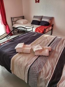 ein Schlafzimmer mit 2 Betten und rosa Handtüchern darauf in der Unterkunft La petite ferlicaine 