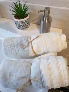 ein Paar weiße Handtücher auf einem Waschbecken in der Unterkunft La petite ferlicaine 