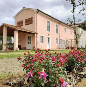 una casa con fiori rosa di fronte di Villa Donnola: casa Rosmarino a Fucecchio