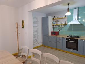 une cuisine avec des armoires bleues, une table et des chaises dans l'établissement Agropensiune Caban, à Jurilovca