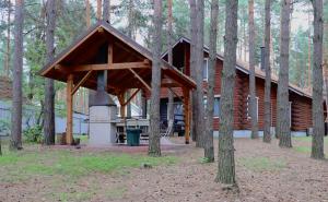 a log cabin in the woods with a stove at Dacha 6 in Voropayev