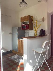uma cozinha com um frigorífico, uma mesa e uma cadeira em Studio épicéa avec jardin dans charmante propriété em Méry-sur-Oise