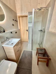 a bathroom with a shower and a sink and a toilet at Apartmán Tri Smreky Demänovská Dolina in Belá