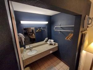La salle de bains est pourvue d'un lavabo et d'un miroir. dans l'établissement OSU 2 Queen Beds Hotel Room 232 Wi-Fi Hot Tub Booking, à Stillwater