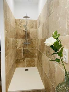 bagno con doccia e vaso con fiore di Les Dames Jeannes a Jarnac