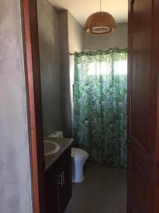 y baño con cortina de ducha, aseo y lavamanos. en Cabaña Valzam 2 entre viñedos Rancho Tecate Resort en Tecate