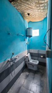 ein Bad mit einem WC und einer blauen Wand in der Unterkunft Circle Square in Kasol