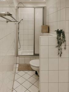 a white bathroom with a toilet and a shower at Zentrale 88qm mit Nähe zur Messe Essen! MA2L in Essen