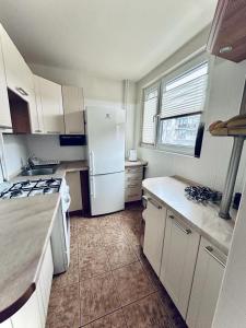 a kitchen with white appliances and a white refrigerator at Ogrodowy Apartament in Sandomierz +13 photos