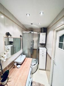 a bathroom with a sink and a shower and a toilet at Ogrodowy Apartament in Sandomierz