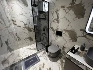 a bathroom with a shower and a toilet and a sink at SoHo Loft in Alexandroupoli