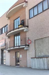 un bâtiment avec un chien assis sur un balcon dans l'établissement TWIN HOUSE brown, à Tito