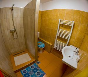 a bathroom with a shower and a sink and a toilet at AQUA Thermal Apartmanház II. in Püspökladány