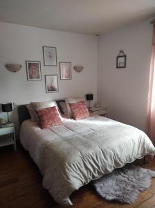 ein Schlafzimmer mit einem großen Bett mit rosa Kissen in der Unterkunft Maison de village avec exterieur in Oysonville