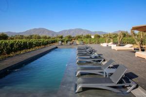 a row of chaise lounges and chairs next to a pool at Vibo Wine Lodge At Viu Manent in Santa Cruz