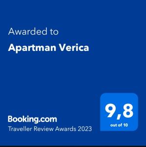 Certifikát, hodnocení, plakát nebo jiný dokument vystavený v ubytování Apartman Verica