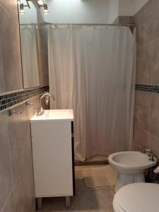 La salle de bains est pourvue d'un lavabo, de toilettes et d'une douche. dans l'établissement Lucipri CyN, à Arroyito