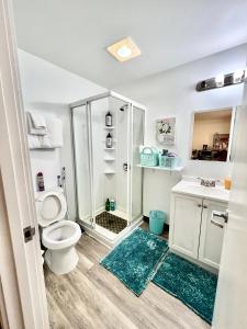 e bagno con doccia, servizi igienici e lavandino. di Micro Studio Apartment 10 Minutes Walk to University of Washington a Seattle