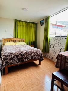 1 dormitorio con 1 cama con cortinas verdes y ventana en Euro Hostal, en Cusco