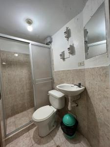 a bathroom with a toilet and a sink and a shower at Euro Hostal in Cusco