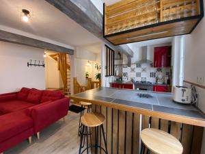 a kitchen and a living room with a red couch at Faune in Saint-Aignan