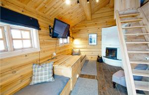 um chalé de madeira com uma televisão e uma lareira em Awesome Home In Sjusjen With House A Mountain View em Sjusjøen