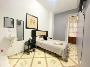 a bedroom with a bed and a sink at WHOST Hotel y Hostal in Mexico City