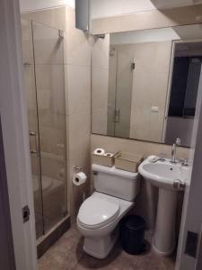 La salle de bains est pourvue de toilettes, d'un lavabo et d'une douche. dans l'établissement Apartment 4 Rent - Av. San Borja Norte Cdra 7, à Lima