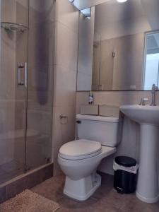 y baño con aseo, lavabo y ducha. en Apartment 4 Rent - Av. San Borja Norte Cdra 7, en Lima