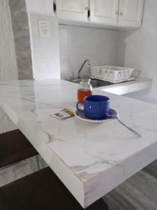 una encimera de cocina con un plato y un tazón. en Mi Otoch en Cancun jardín terraza asador, en Cancún