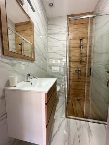 W łazience znajduje się umywalka i prysznic. w obiekcie DREAM apartments w Niszu