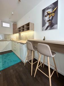 uma cozinha com uma mesa de madeira e 2 cadeiras em DREAM apartments em Niš