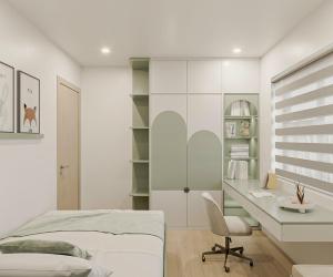 a bedroom with a bed and a desk and a chair at Chung cư Tecco Center Point Thanh Hóa in Thanh Hóa