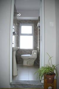 La salle de bains est pourvue de toilettes, d'un lavabo et d'une fenêtre. dans l'établissement two-bed room in Thamel, peaceful location Kathmandu, à Katmandou