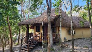 a house in the woods with a thatched roof at Hotel Cabañas Aldea Maya in Xpujil