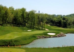 a view of a golf course with a pond at Spruce Valley in Branson