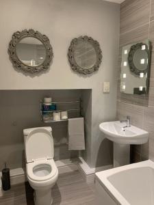 a bathroom with a toilet and a sink and mirrors at Historic Picturesque Apartment Pembroke in Pembrokeshire