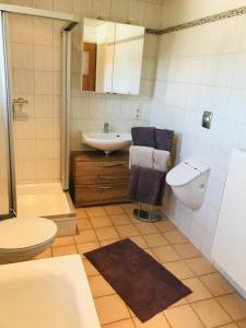 La salle de bains est pourvue d'un lavabo, de toilettes et d'une douche. dans l'établissement Ferienwohnung "Wia Dahoam", 