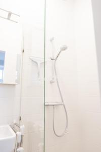 La salle de bains est pourvue d'une douche et d'une porte en verre. dans l'établissement DS Apartment 5, à Vienne