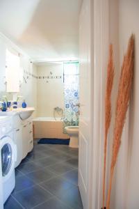 a bathroom with a washer and a toilet and a shower at Perdika Sea Soul in Perdhika