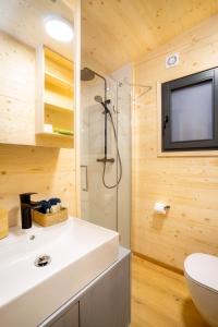 uma casa de banho com um lavatório branco e uma televisão em Pearl of Sava Wild Waters em Ljubljana