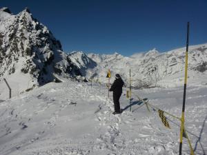 una persona parada en la cima de una montaña cubierta de nieve en Casa di Giulia en Champoluc