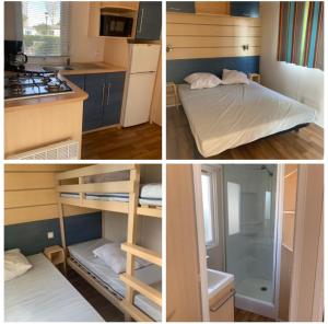 3 immagini di una piccola camera con letto e cucina di Camping Sept Fonts Agde ad Agde